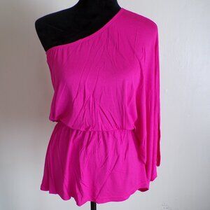 Hot Pink One Shoulder Peplum Top – Asymmetrical Sleeve – Flowy Waist